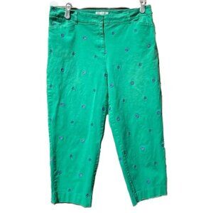 TALBOTS Capri Pants Cropped Green Shells Starfish Embroidered‎ Stretch Womens 10